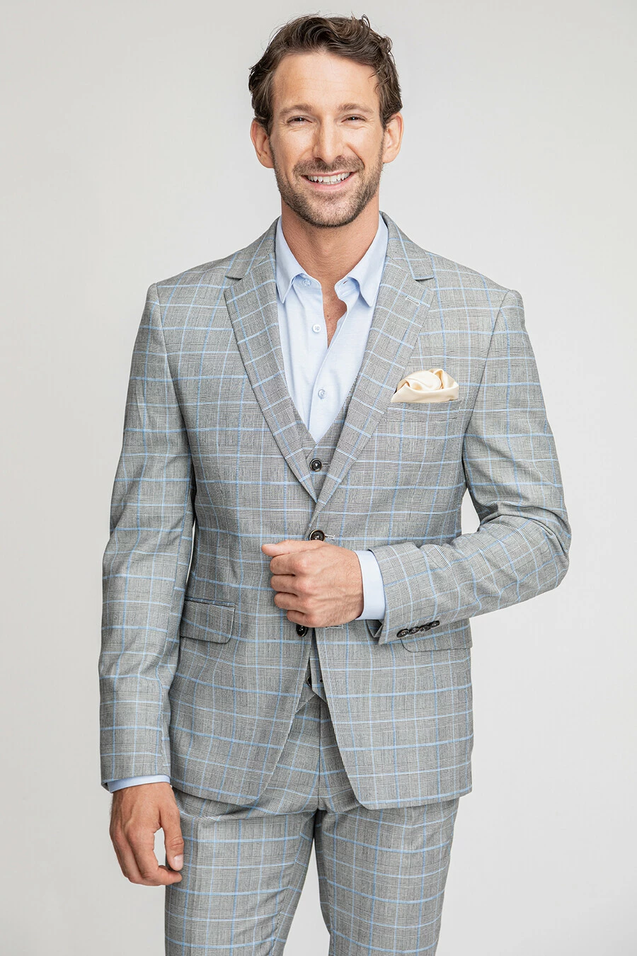 Szary garnitur w błękitną kratę tartan 05010B06KSA