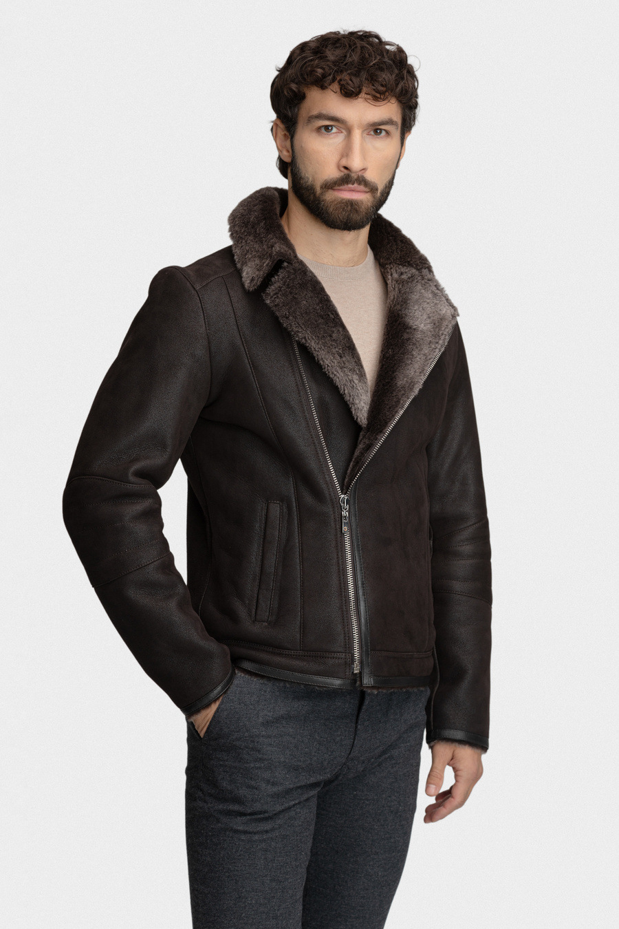 Ciemnobrązowy skórzany kożuch 01008A81KSA