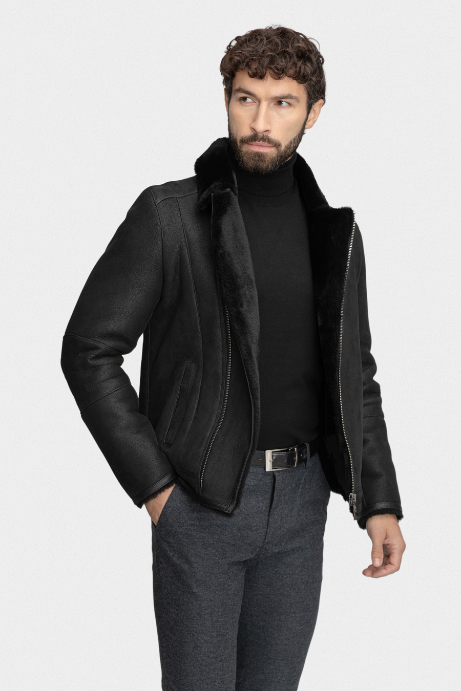 Czarny kożuch z naturalnej skóry 01008A90KSB