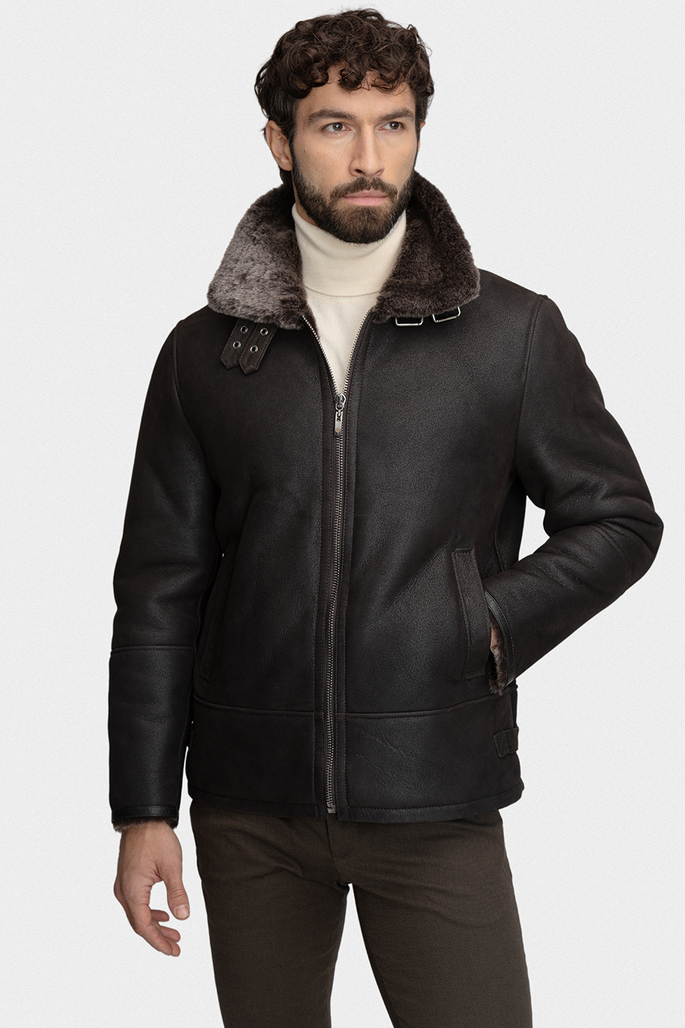 Brązowy kożuch z owczej skóry 01035A80KSB