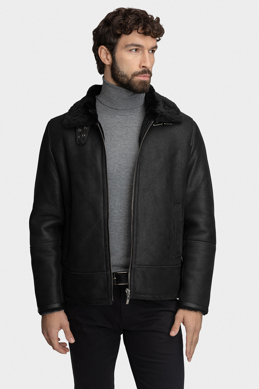 Czarny kożuch z owczej skóry 01050A90KSA