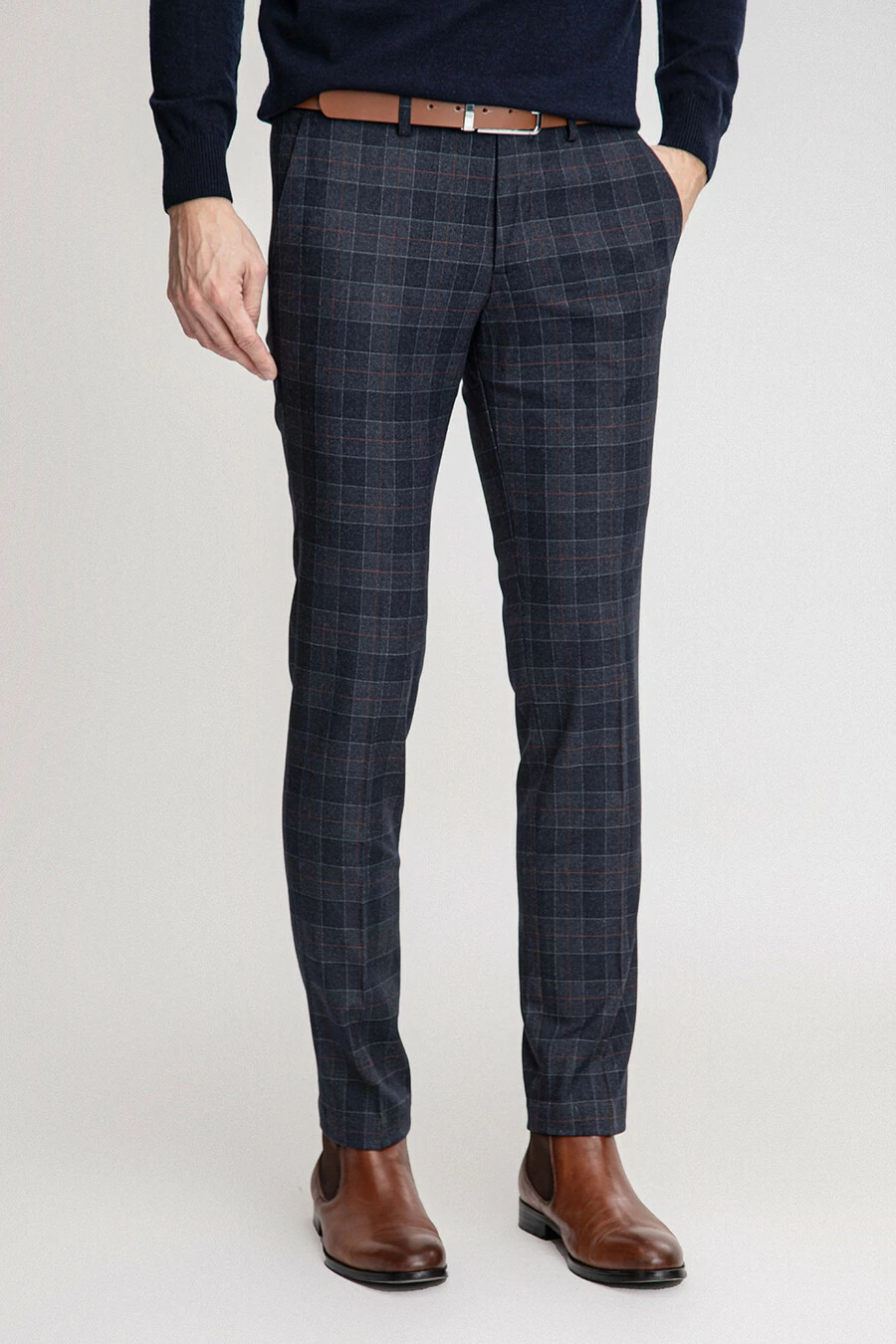 Granatowe spodnie w kolorową kratę 01031B75KSA